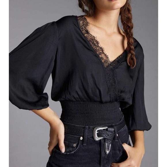 ANTHROPOLOGIE Tops - Anthropologie Dolan Left Coast Black Lacey Deep V-Neck Sz L Lace Blouse